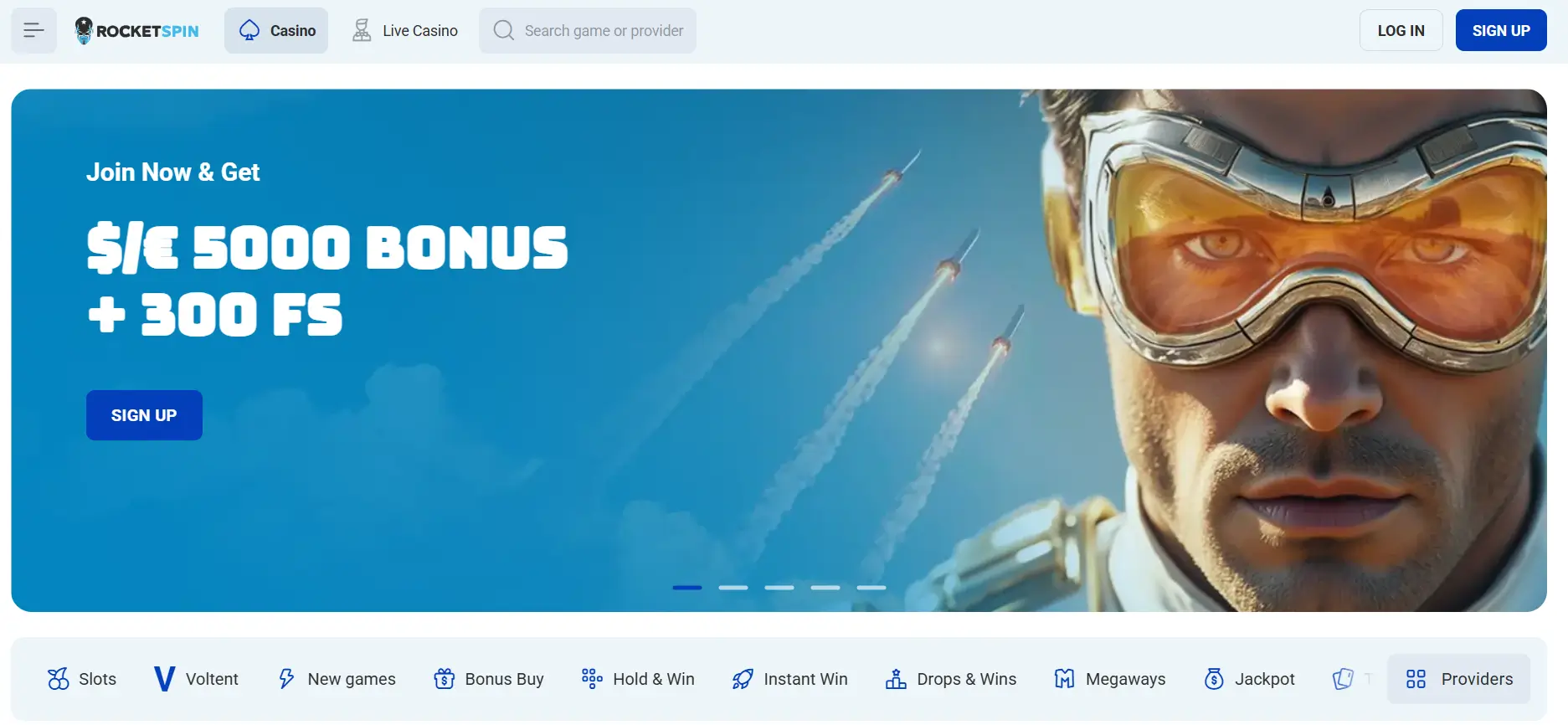 Rocketspin casino hjemmeside med velkomstbonus og gratisspinn.
