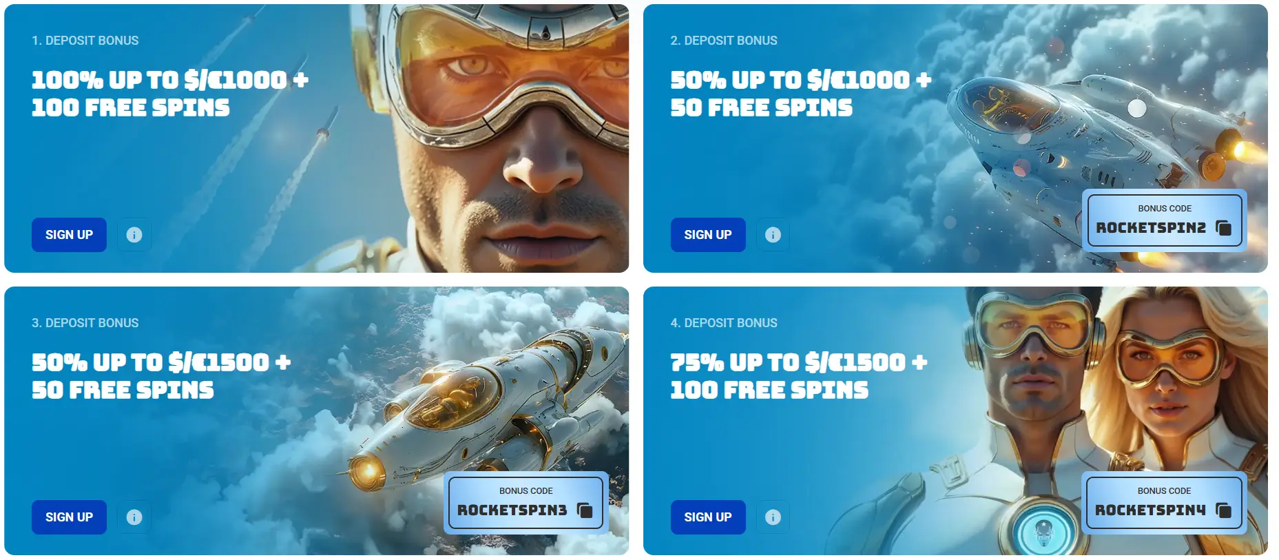 Rocketspin innskuddsbonuser side med gratisspinn og kampanjer.